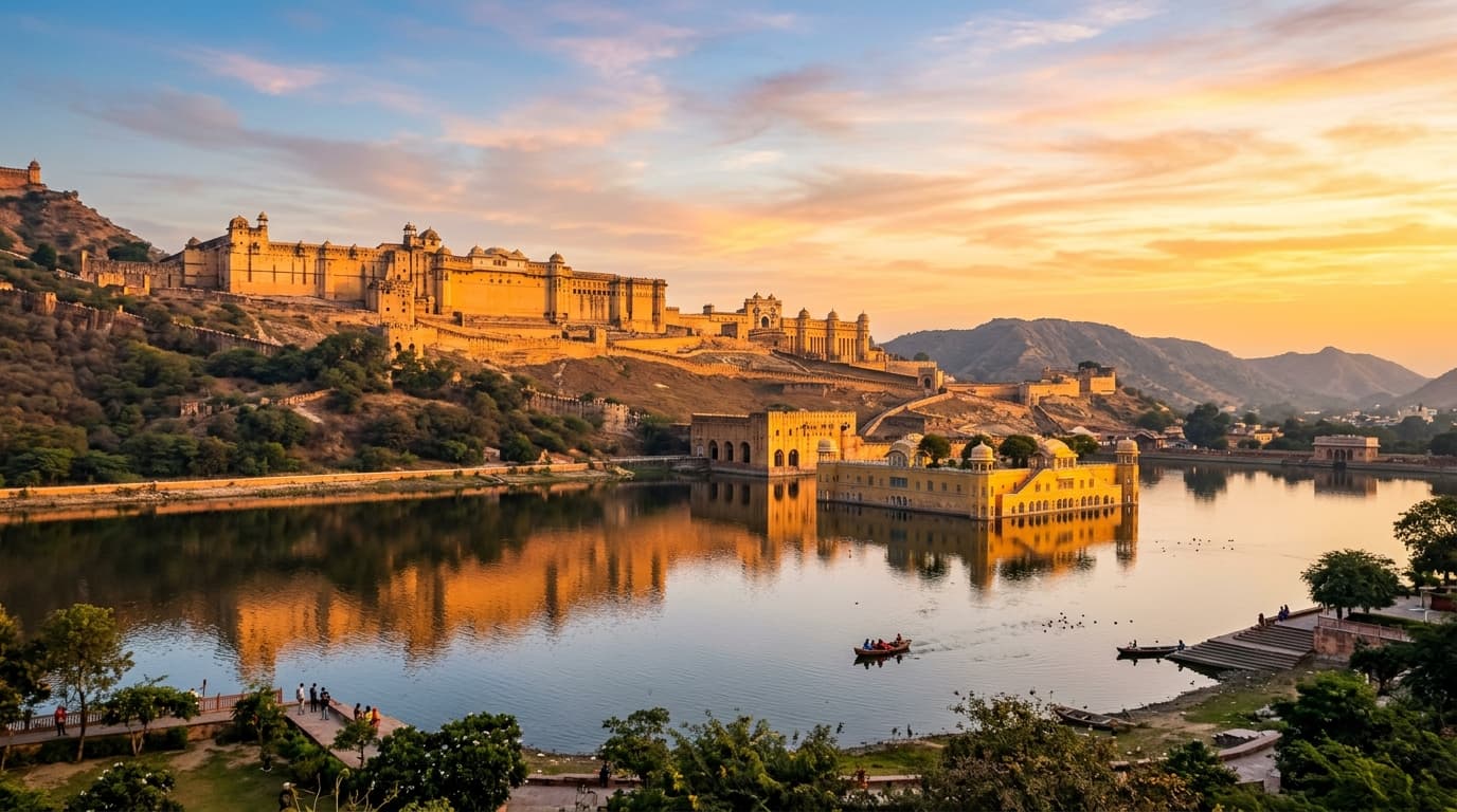 Majestic Amber Fort & Jal Mahal Jaipur at Sunrise