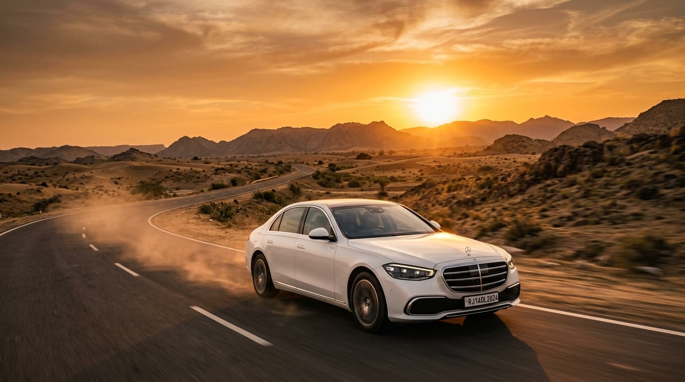 Luxury executive diesel sedan driving on Rajasthan highway.